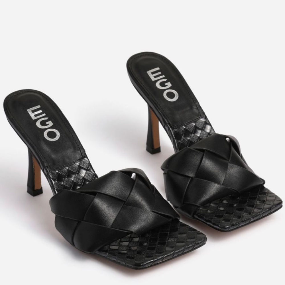 TURNTUP WOVEN SQUARE PEEP TOE MULE IN BLACK FAUX LEATHER